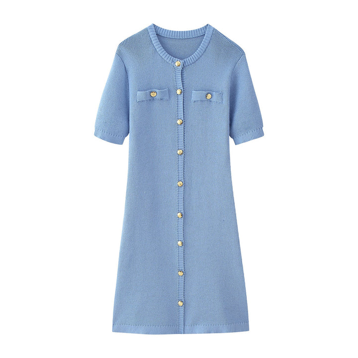 Damen Strickkleid mit kurzen Ärmeln und Knopfleiste Drune