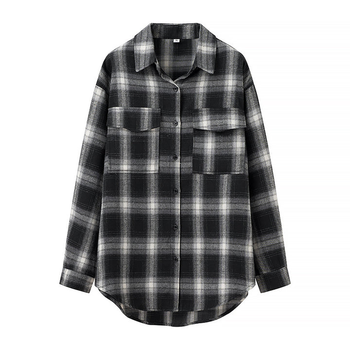 Damen Oversize‑Karo‑Hemdbluse mit aufgesetzten Brusttaschen und abgerundetem Saum Drune