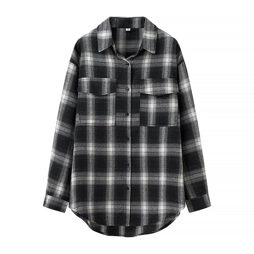Damen Oversize‑Karo‑Hemdbluse mit aufgesetzten Brusttaschen und abgerundetem Saum Drune