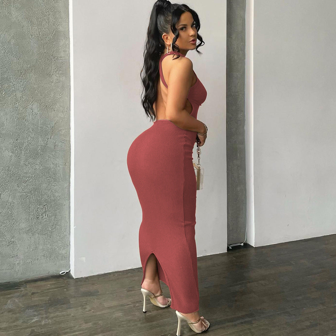 Damen körpernahes Strick-Maxi-Kleid mit raffiniertem Ausschnitt und langen Trägern Drune