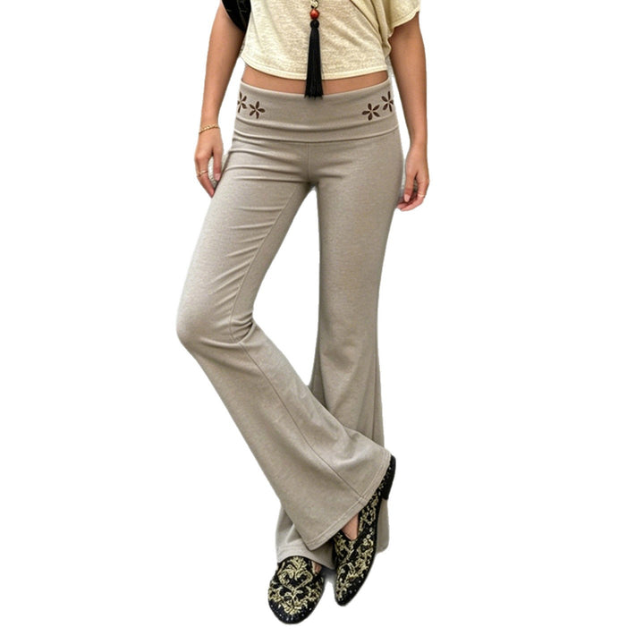 Damen nan Yogahose Flared mit Umschlagbund, komfortable Bootcut-Passform und Laser-Cut Blütendetail Drune