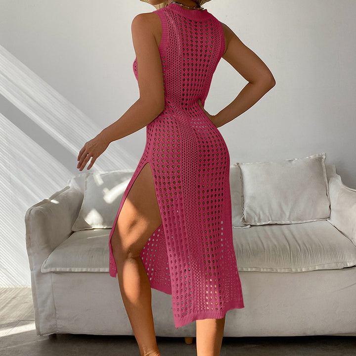 Damen luftiges Häkel-Strandkleid mit hohem Schlitz und transparenter Struktur Drune