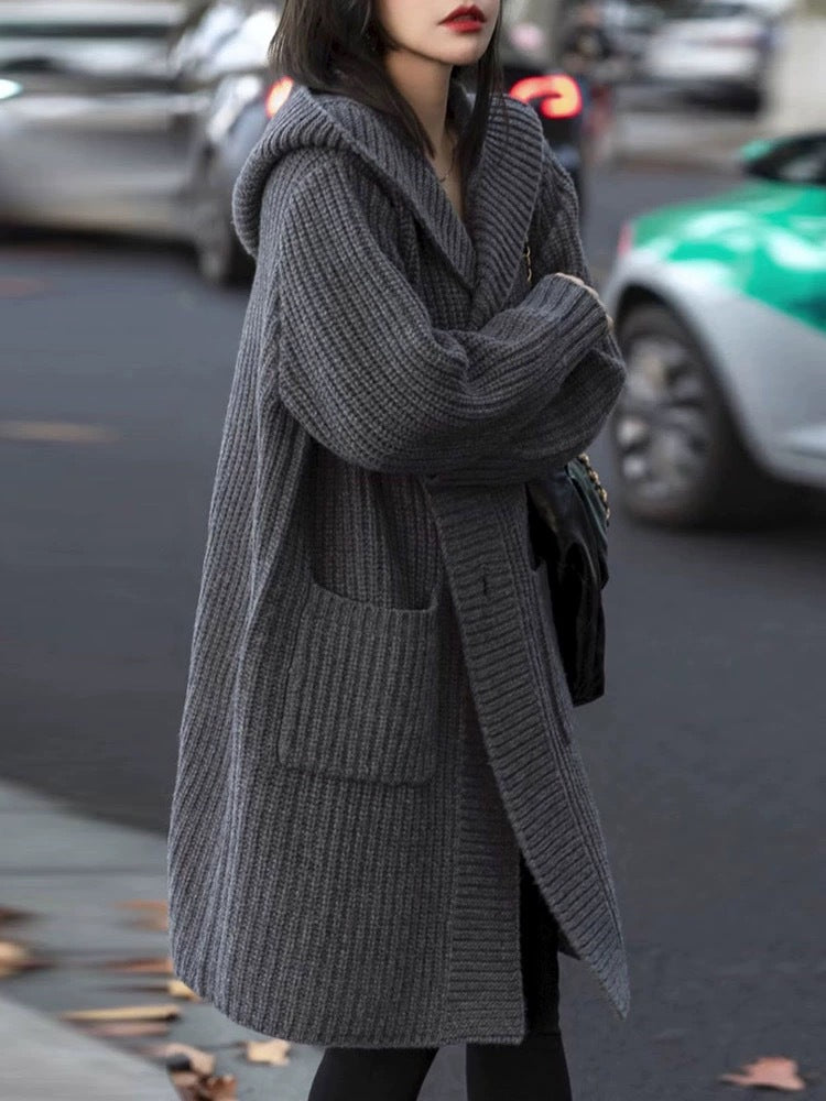 Damen Langer Kapuzen-Cardigan aus grobem Rippstrick mit Eingrifftaschen Drune