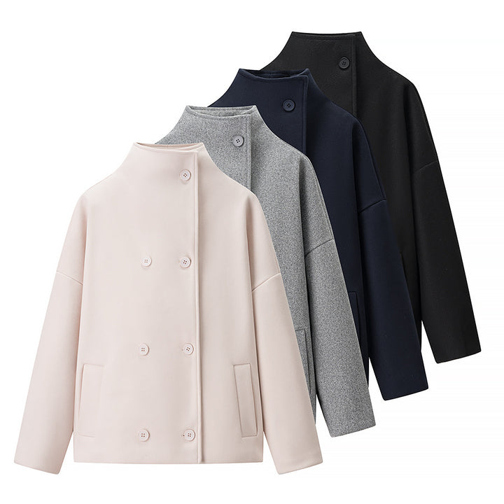 Damen Kurze doppeltgeknöpfte Oversize-Boxy-Jacke mit Stehkragen und Eingrifftaschen Drune