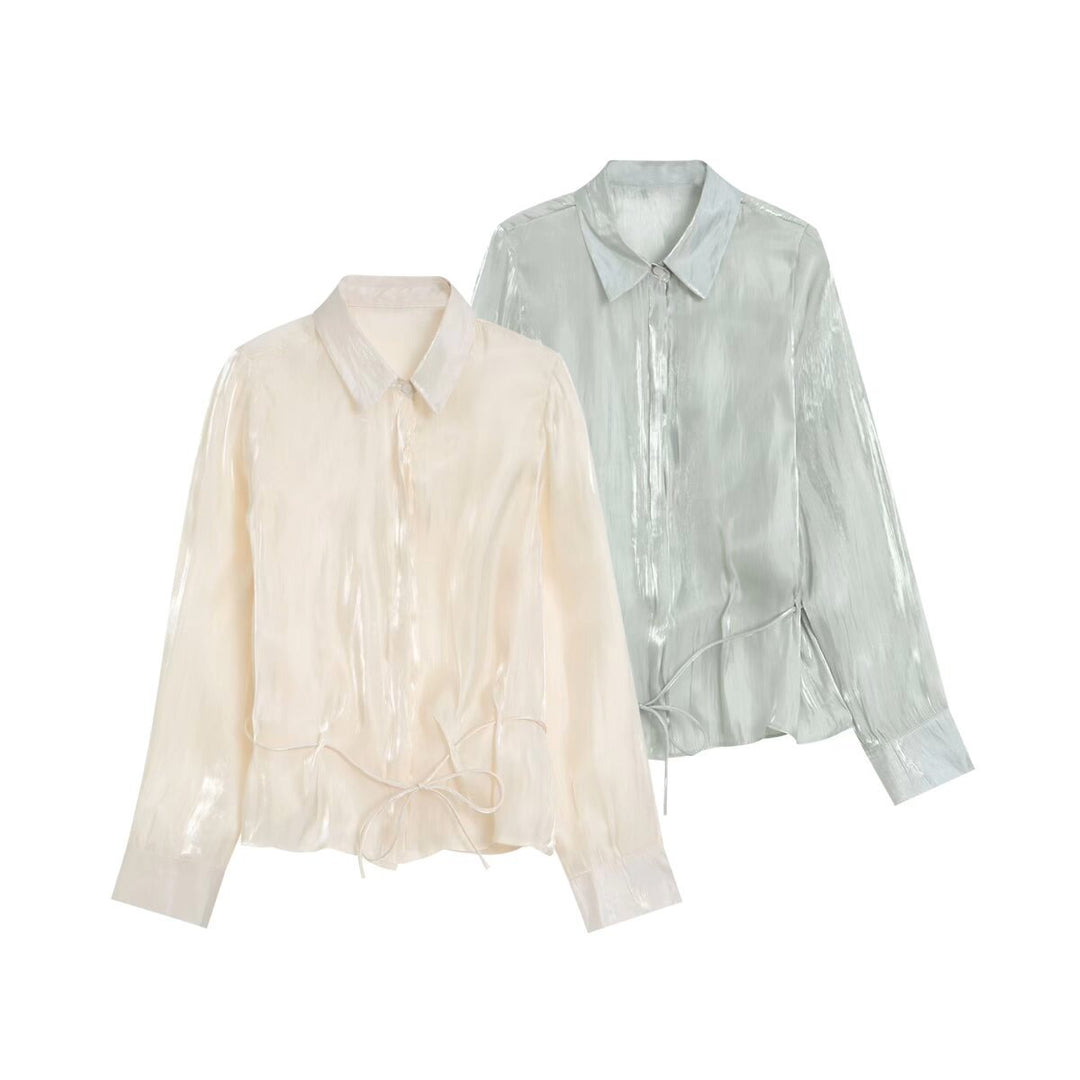 Damen Glänzende Bluse mit Tunnelzugsaum und Hemdkragen Drune
