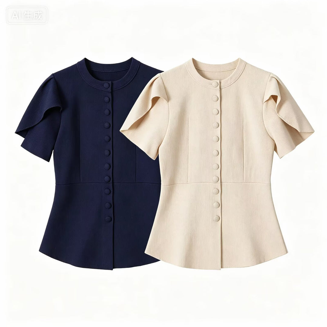 Damen Taillierte Stretch-Strickbluse mit verdeckten Stoffknöpfen und doppelten Volantärmeln Drune