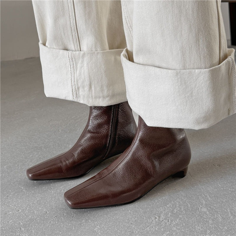 Damen Elegante Leder‑Ankle‑Boots mit quadratischer Zehenform, kurzem Sculpted‑Absatz und Innenreißverschluss Drune