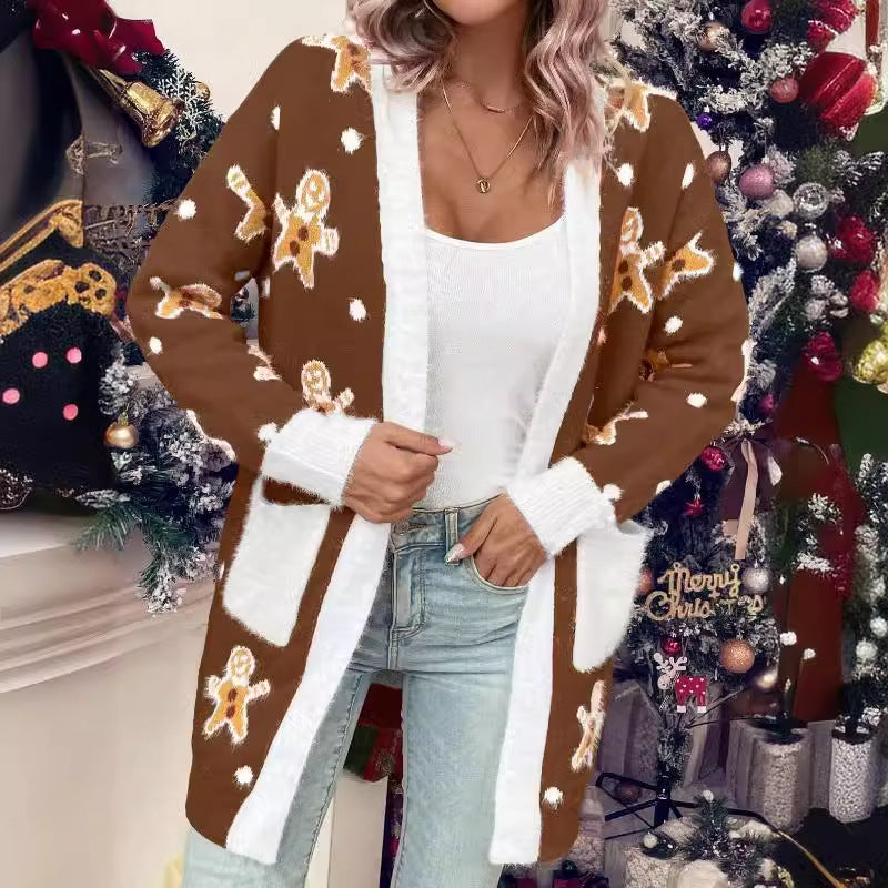 Damen Weihnachts-Cardigan mit festlichem Ingwerbread-Motiv und praktischen Taschen Drune