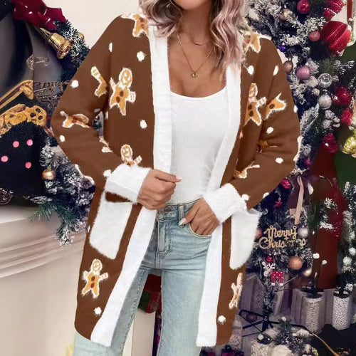 Damen Weihnachts-Cardigan mit festlichem Ingwerbread-Motiv und praktischen Taschen Drune