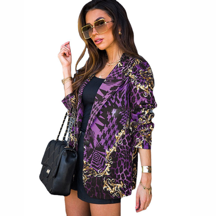 Damen Eleganter Blazer mit glänzendem Leoparden-Design und goldenen Akzenten Drune