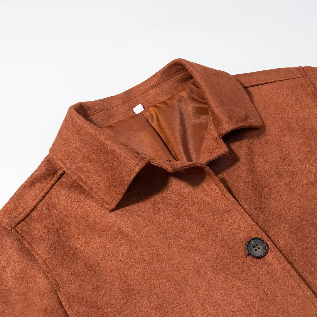 Damen nan eleganter Veloursmantel mit Hemdkragen aufgesetzten Pattentaschen und geradem Schnitt Drune