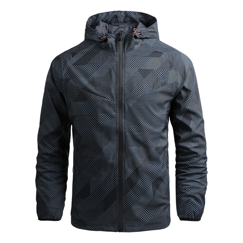 Herren atmungsaktive Softshell-Kapuzenjacke mit geometrischem Allover-Print und sportlicher Passform Drune