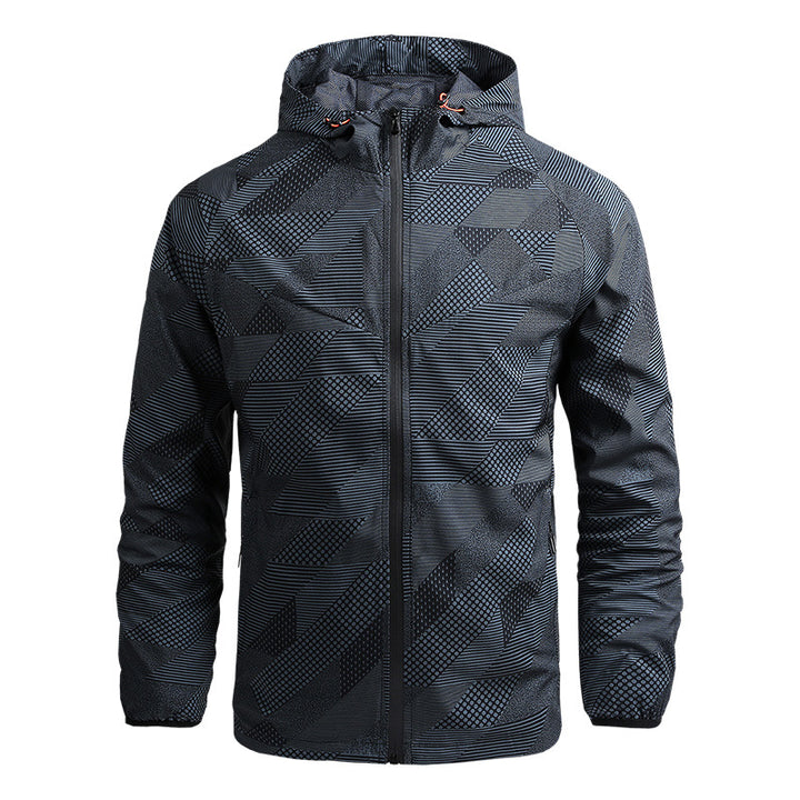Herren atmungsaktive Softshell-Kapuzenjacke mit geometrischem Allover-Print und sportlicher Passform Drune