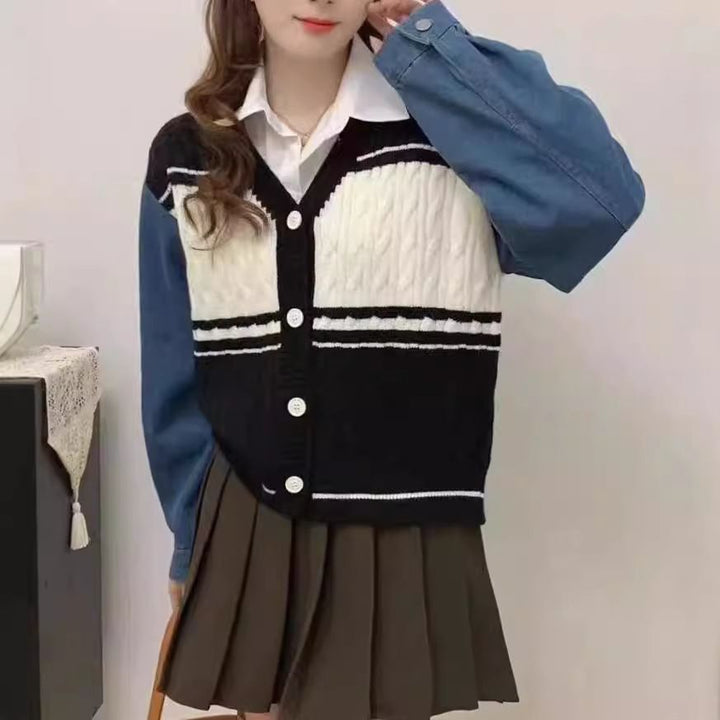 Damen Modische Strickjacke mit Denim-Ärmeln Drune
