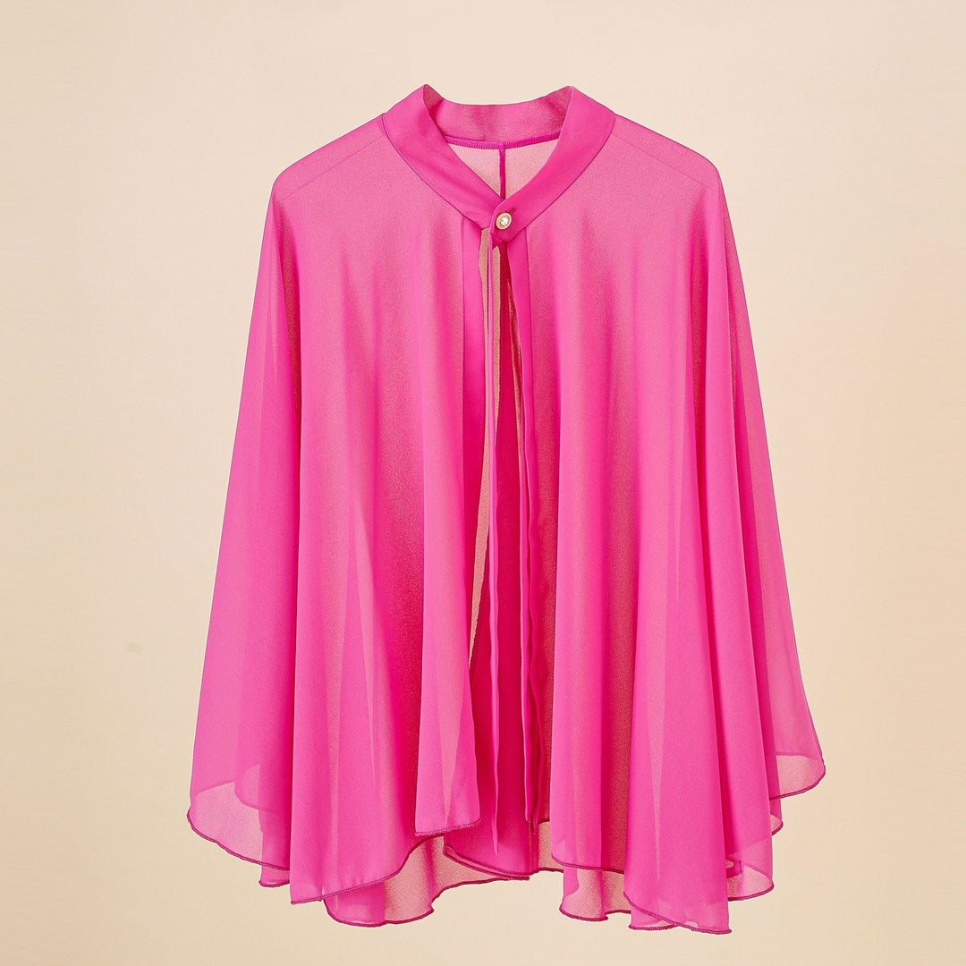 Damen Chiffon-Cape mit Schleifenkragen und Zierknopf Drune