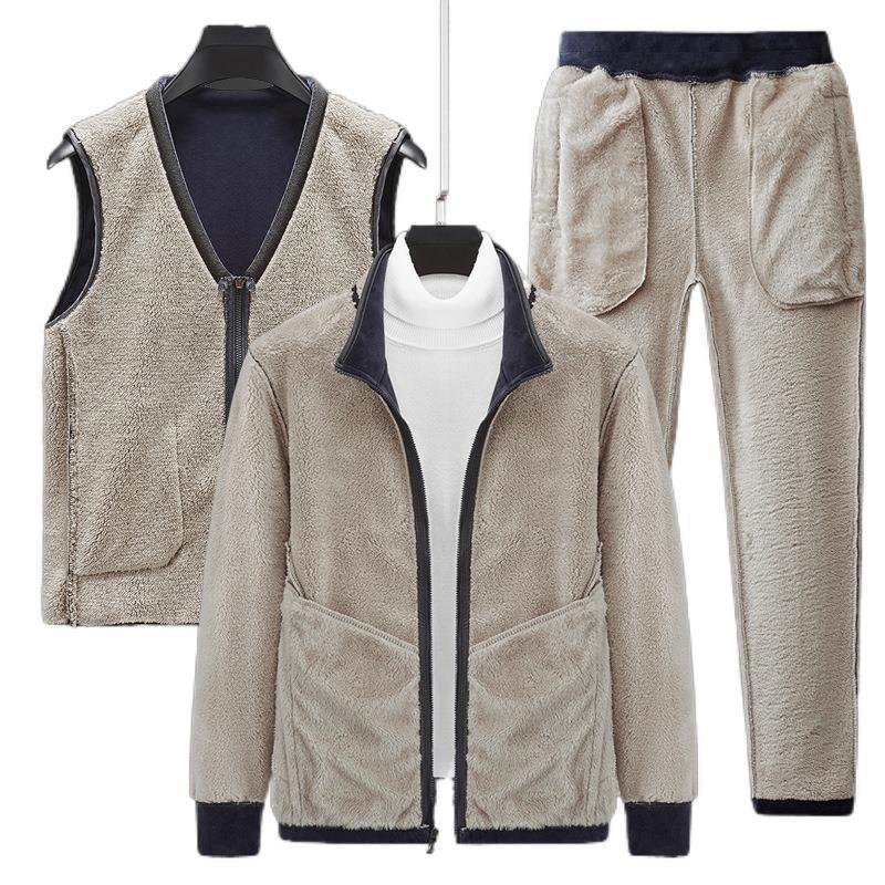 Herren wärmendes Fleece-Dreiteiliges Set mit Reißverschlussjacke, Teddyweste und Jogginghose Drune