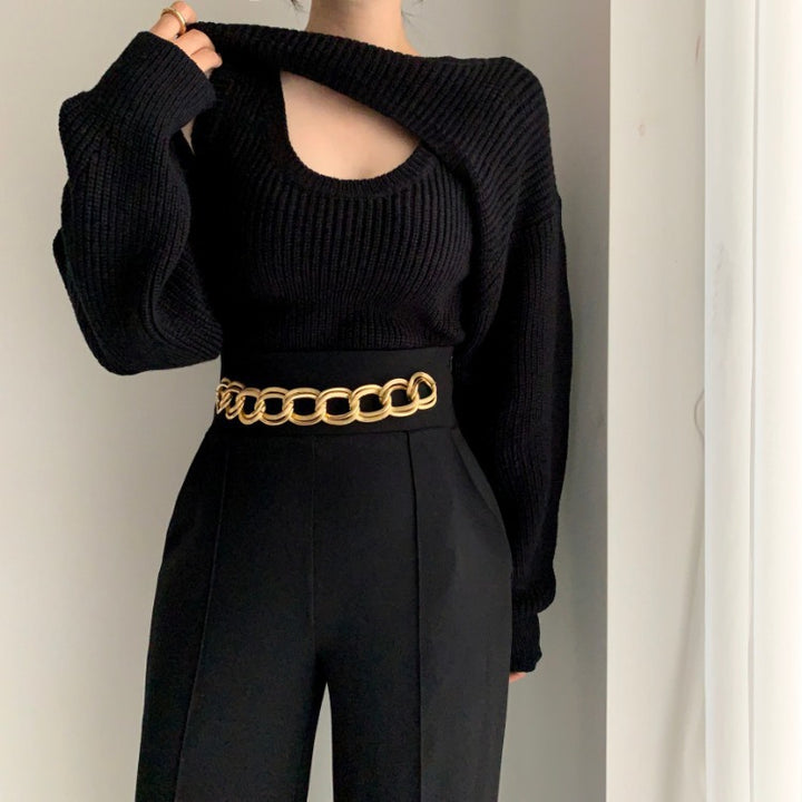 Damen eleganter Strickpullover mit tiefem Ausschnitt und lässigem Schnitt Drune