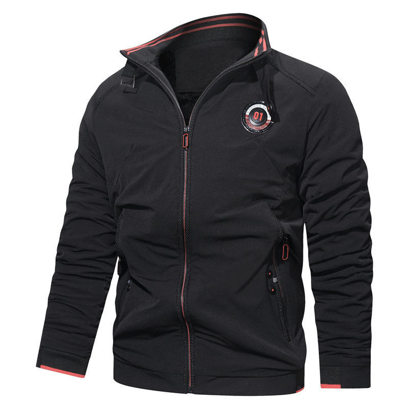 Herren Casual Zip‑Sweatjacke mit Stehkragen, Reißverschlusstaschen und Badge‑Detail Drune