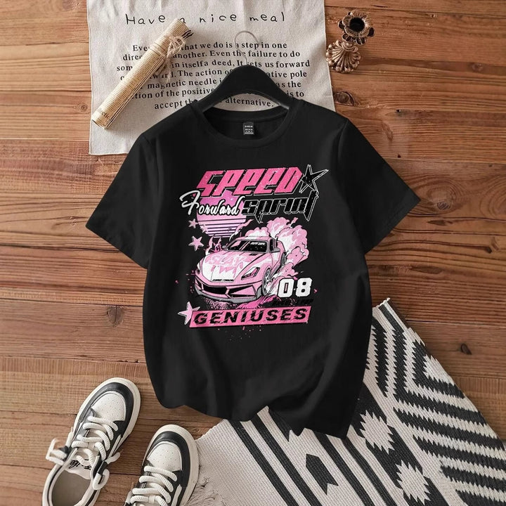 Damen T-Shirt mit kreativem Auto-Motiv und urbanem Schriftzug Drune