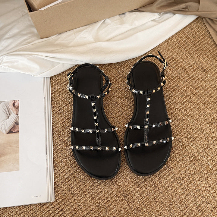 Damen Stilvolle Sandalen mit funkelnden Pyramiden-Nieten und verstellbarem Riemen Drune
