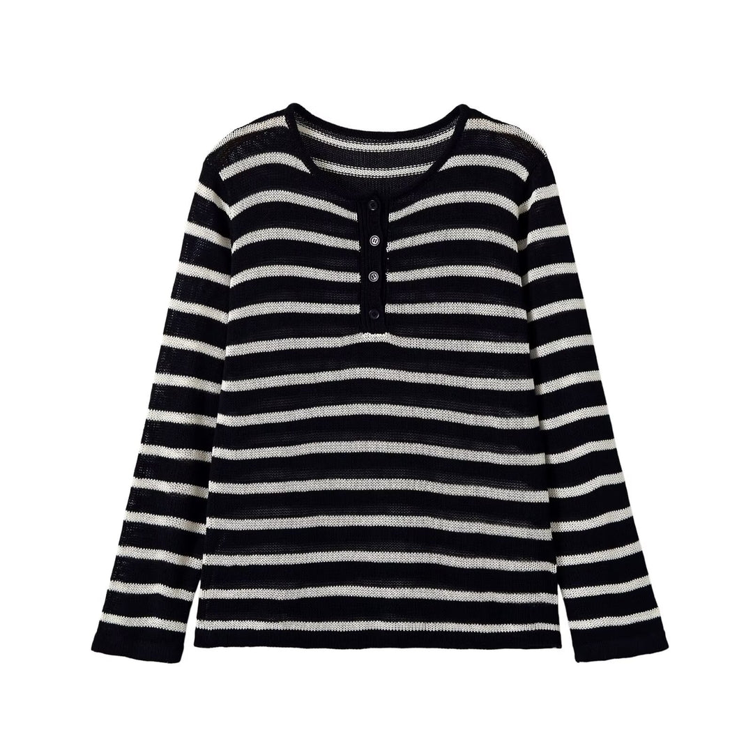 Damen Gestreifter Leichter Feinstrick‑Henley mit Knopfleiste Drune