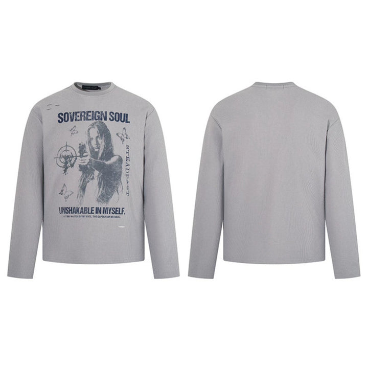 Herren Langarmshirt im Waffelstrick mit Vintage-Grafik und Relaxed-Fit Drune