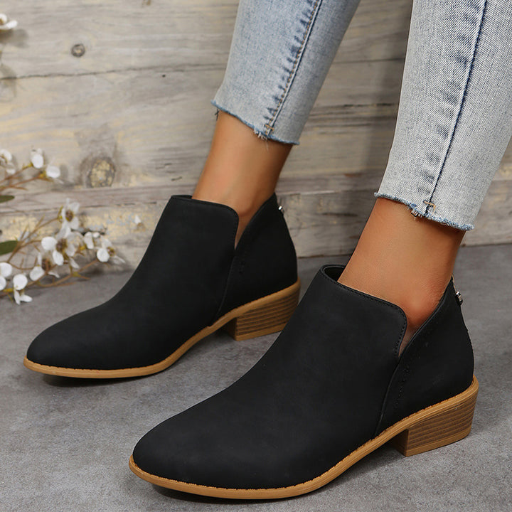 Damen Metallic-Ankleboots mit spitzer Kappe, Rückreißverschluss und niedrigem Blockabsatz Drune