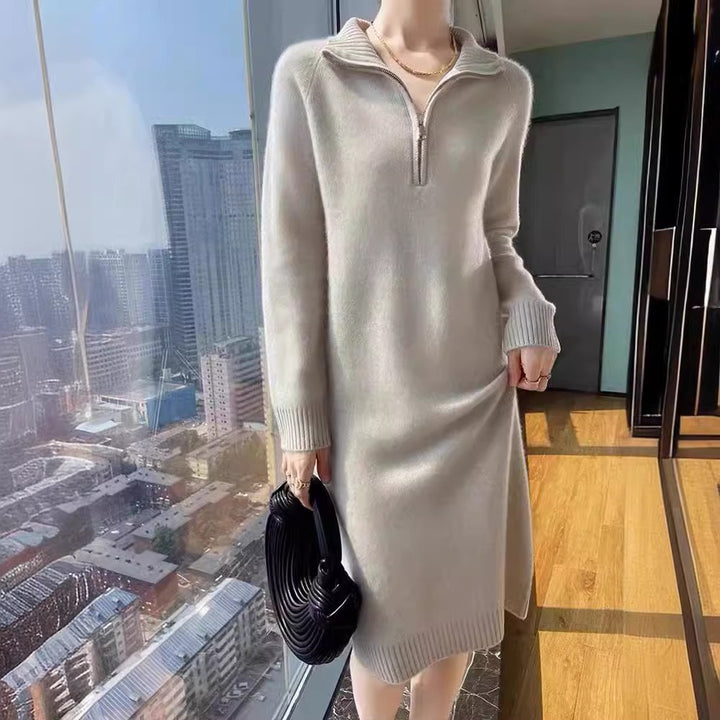 Damen elegantes Strickkleid mit hochgeschlossenem Kragen und Reißverschluss Drune