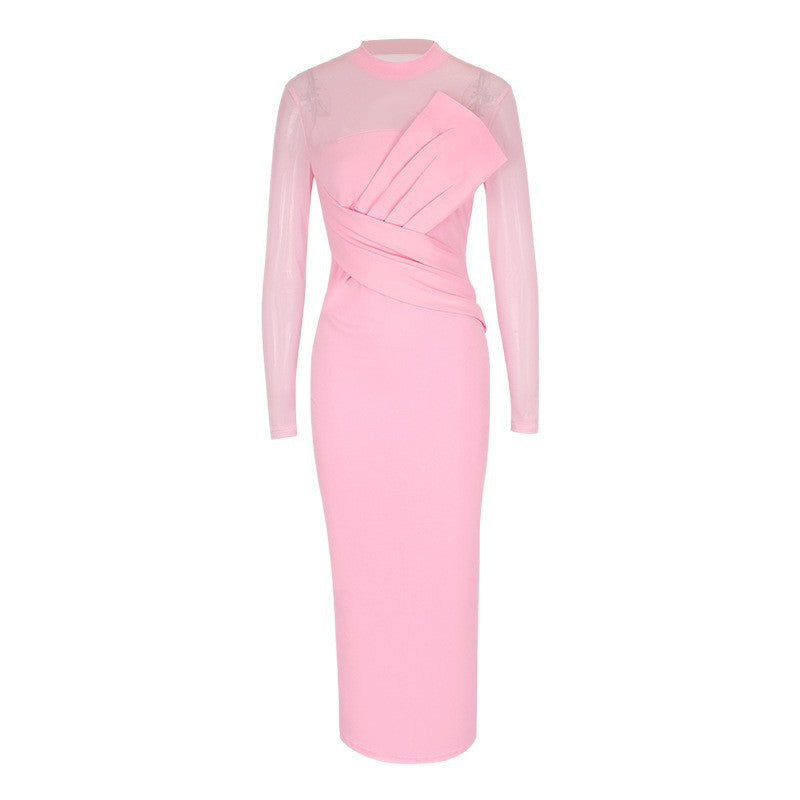 Damen Elegantes Langarm-Midi-Kleid mit raffinierter Drapierung und figurbetonter Silhouette Drune