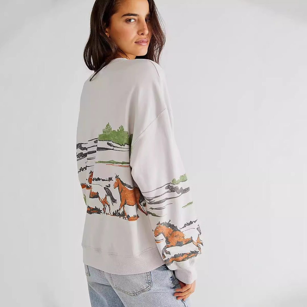 Damen Sweatshirt mit kreativer Pferdemotiv-Grafik und lässigem Schnitt Drune