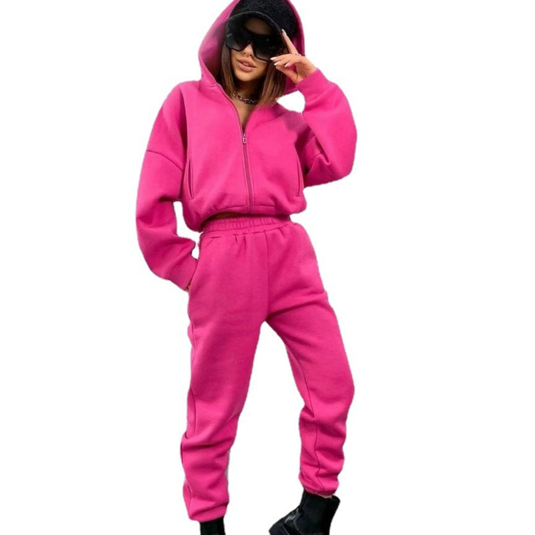 Damen komfortabler Oversize-Zweiteiler Jogginganzug mit Kapuzenhalbzip, elastischem Highwaist-Bund und Kängurutaschen Drune