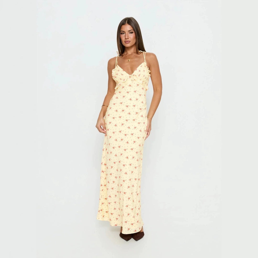 Damen Maxi-Kleid mit verspieltem Blumenmuster und verstellbaren Spaghetti-Trägern Drune