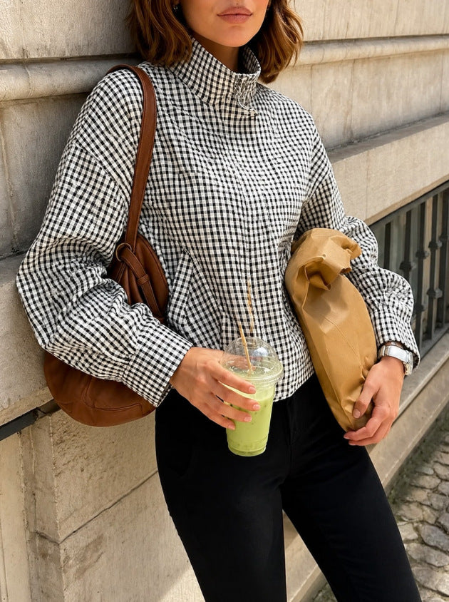 Damen Oversize Karierte Blousonjacke mit Stehkragen Drune