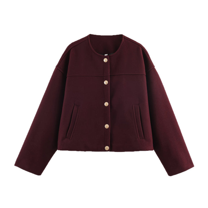 Damen Kurze Boxy-Wollmix-Jacke mit Rundhalsausschnitt und Zierknopfleiste Drune