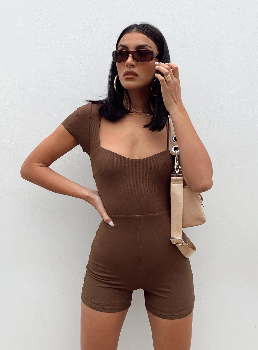Damen figurbetonter Jumpsuit mit Quadrat-Ausschnitt und kurzem Arm Drune