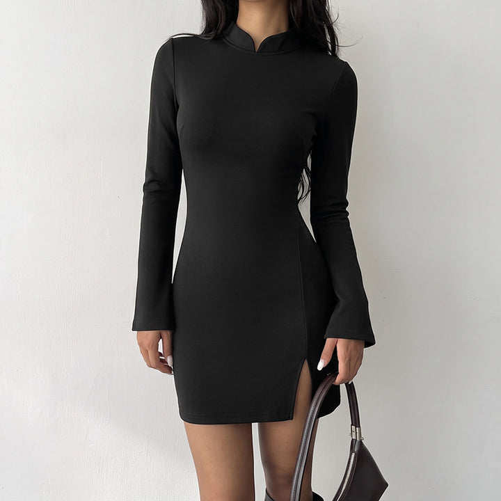 Damen Elegantes Kleid mit Stehkragen und langem Arm Drune