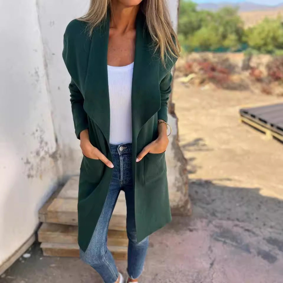 Damen Offener Longcardigan-Mantel mit Schalkragen und Eingrifftaschen Drune