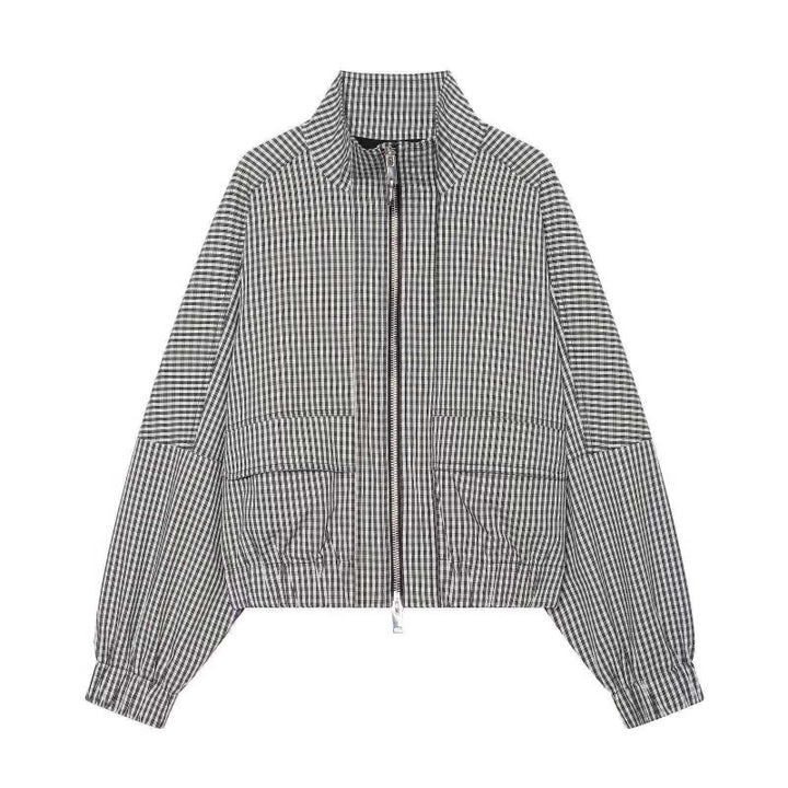 Damen Gekürzte Boxy‑Jacke im Vichy‑Karo mit Stehkragen und Zweiwege‑Reißverschluss Drune
