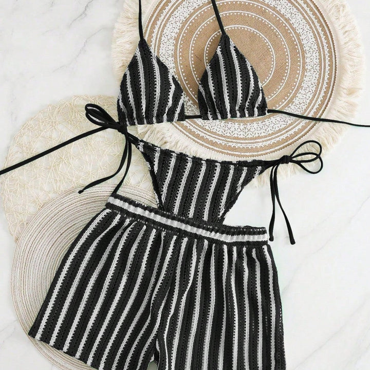 Damen Bikini-Set mit gerafftem Oberteil und hoch taillierten Shorts Drune
