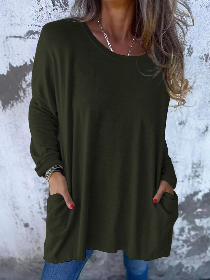 Damen Weiches Oversize Langarmshirt mit Rundhalsausschnitt, Lässigen Ärmeln und Seitentaschen Drune