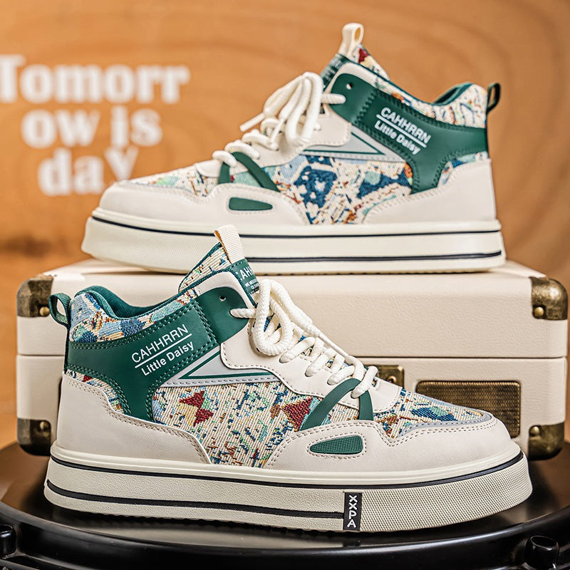 Damen modische High-Top Plateausneaker mit gewebtem Gobelinmuster, gepolstertem Knöchelkragen und dämpfender EVA-Sohle Drune