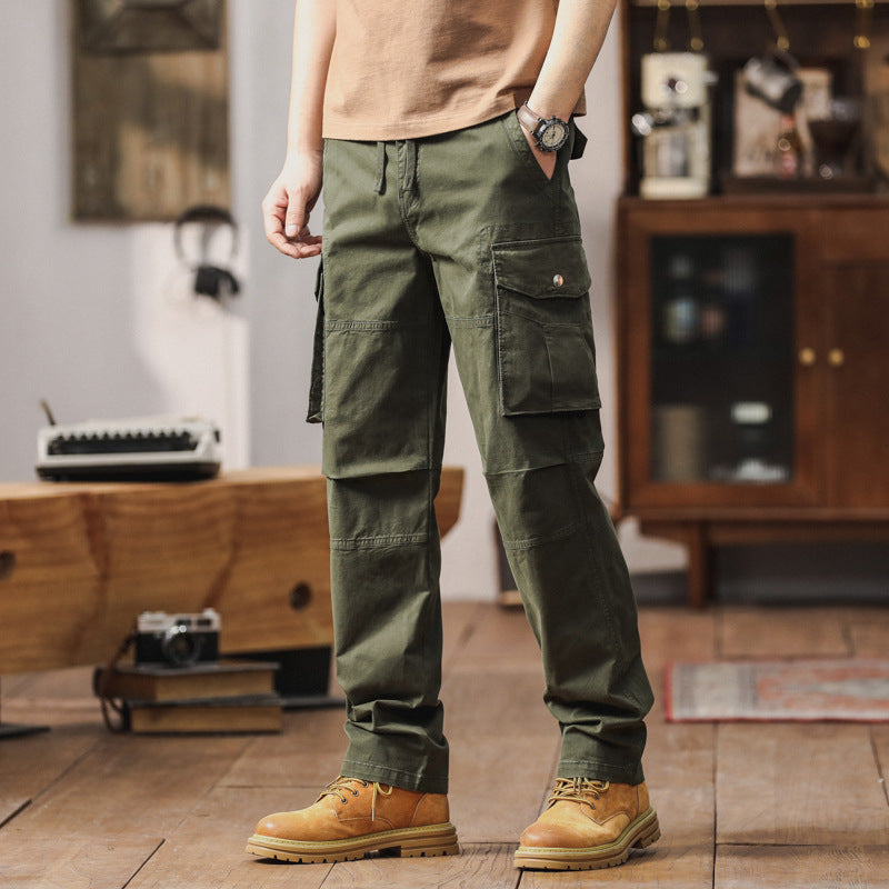 Herren Gerade geschnittene Canvas-Cargohose mit Klapp-Utility-Taschen und Kordelbund Drune