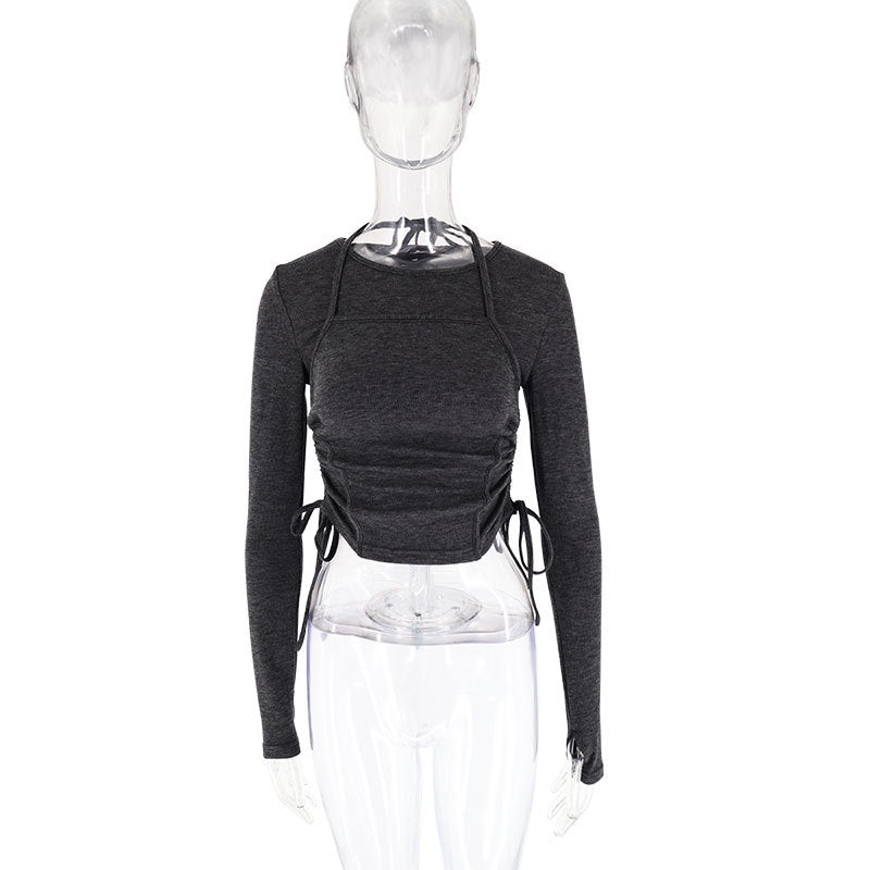 Damen Langarm Crop-Top mit verstellbarem Kordelzug Drune