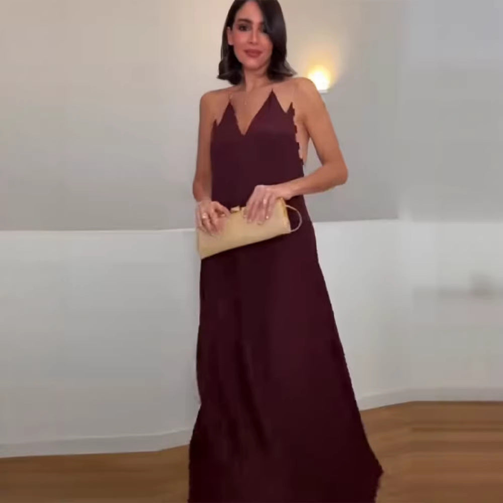 Damen elegantes Maxikleid mit tiefem V-Ausschnitt und fließendem Rock Drune