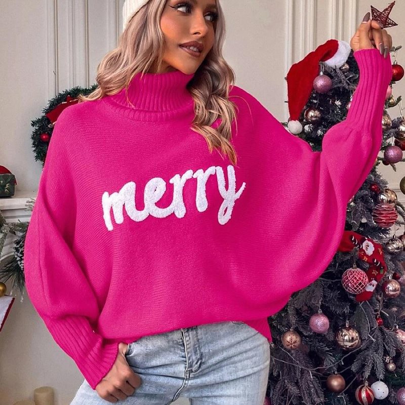 Damen Oversized Rollkragenpullover mit festlichem Schriftzug Drune
