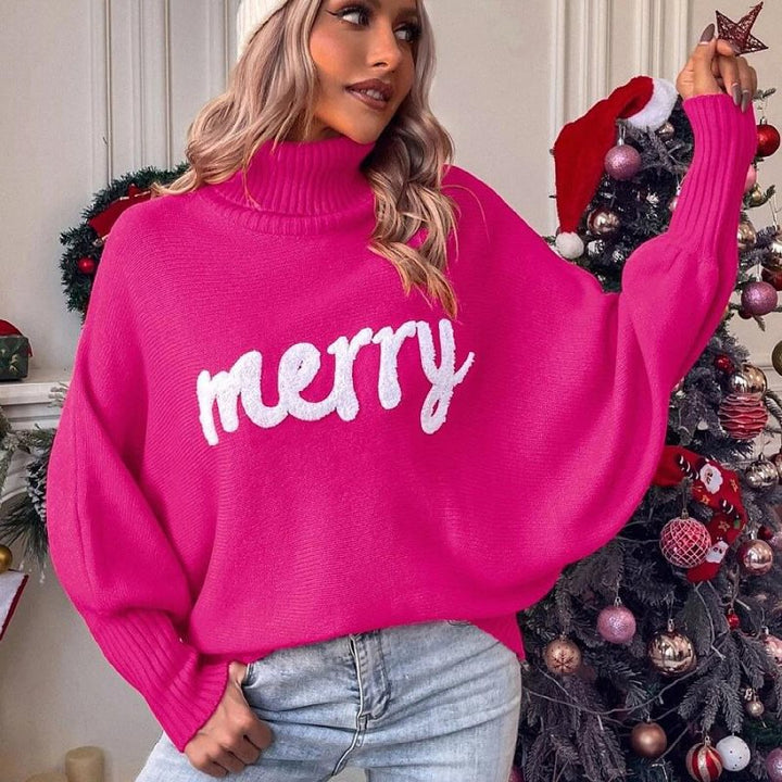 Damen Oversized Rollkragenpullover mit festlichem Schriftzug Drune