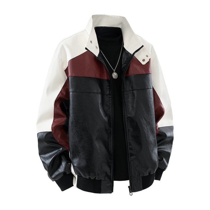 Herren Lederimitat-Bomberjacke im Colorblock-Stil mit Stehkragen, Zwei-Wege-Reißverschluss und elastischen Bündchen Drune