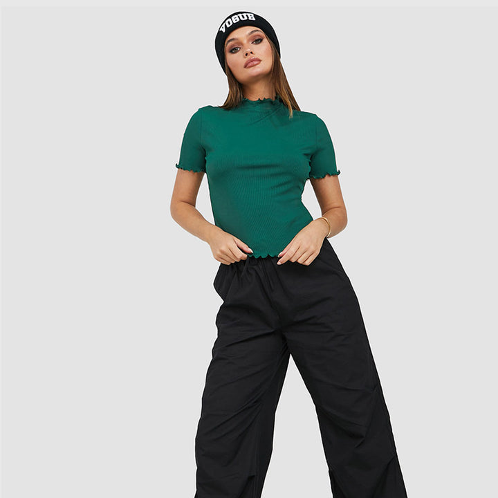 Damen kurzärmliges Ripp-T-Shirt mit lässigem Saum Drune