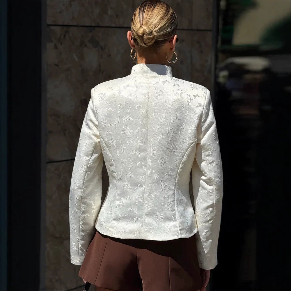 Damen Taillierter Jacquard-Blazer mit überlappendem Revers und dekorativen Knöpfen Drune
