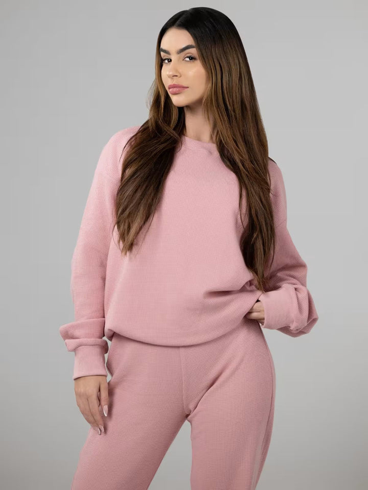 Damen Waffelstrick-Loungewear-Set mit Oversized-Sweater und Kordel-Jogginghose Drune